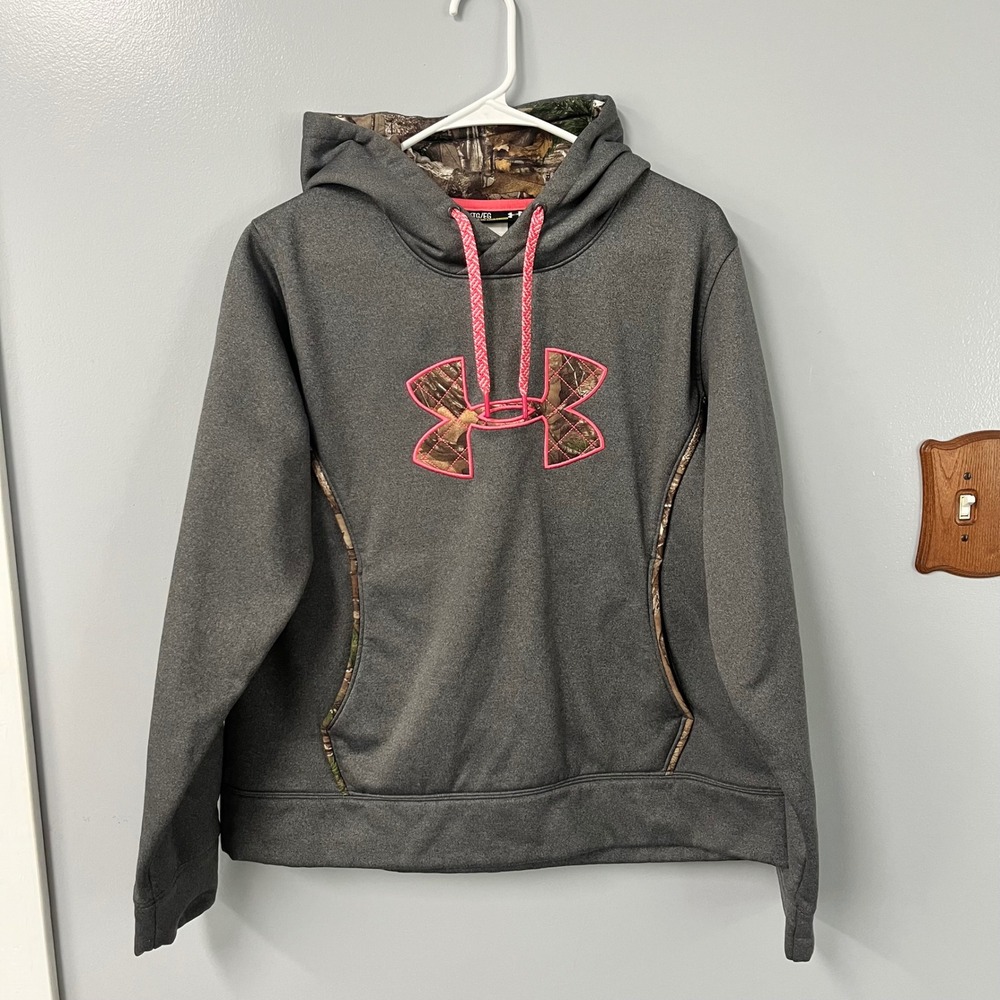 Under Armour Storm Hoodie Womens XL Grey Pink‎ Camo RealTree Logo Sweatshirt